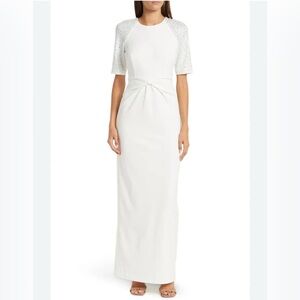 NWT Calvin Klein Women’s White Embellished Short Sleeve Gown Maxi Formal Dress